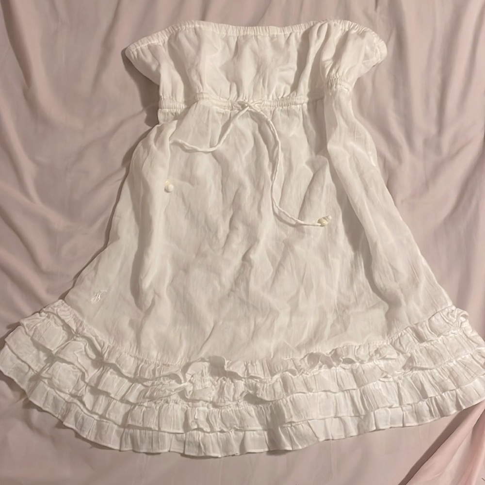 (L) Y2K VINTAGE RALPH LAUREN STRAPLESS WHITE DRESS WITH RUFFLES AND DRAWSTRING